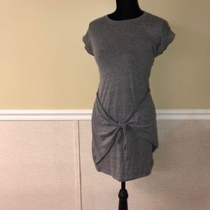 Stretchy gray t-shirt dress with wrap tie in front